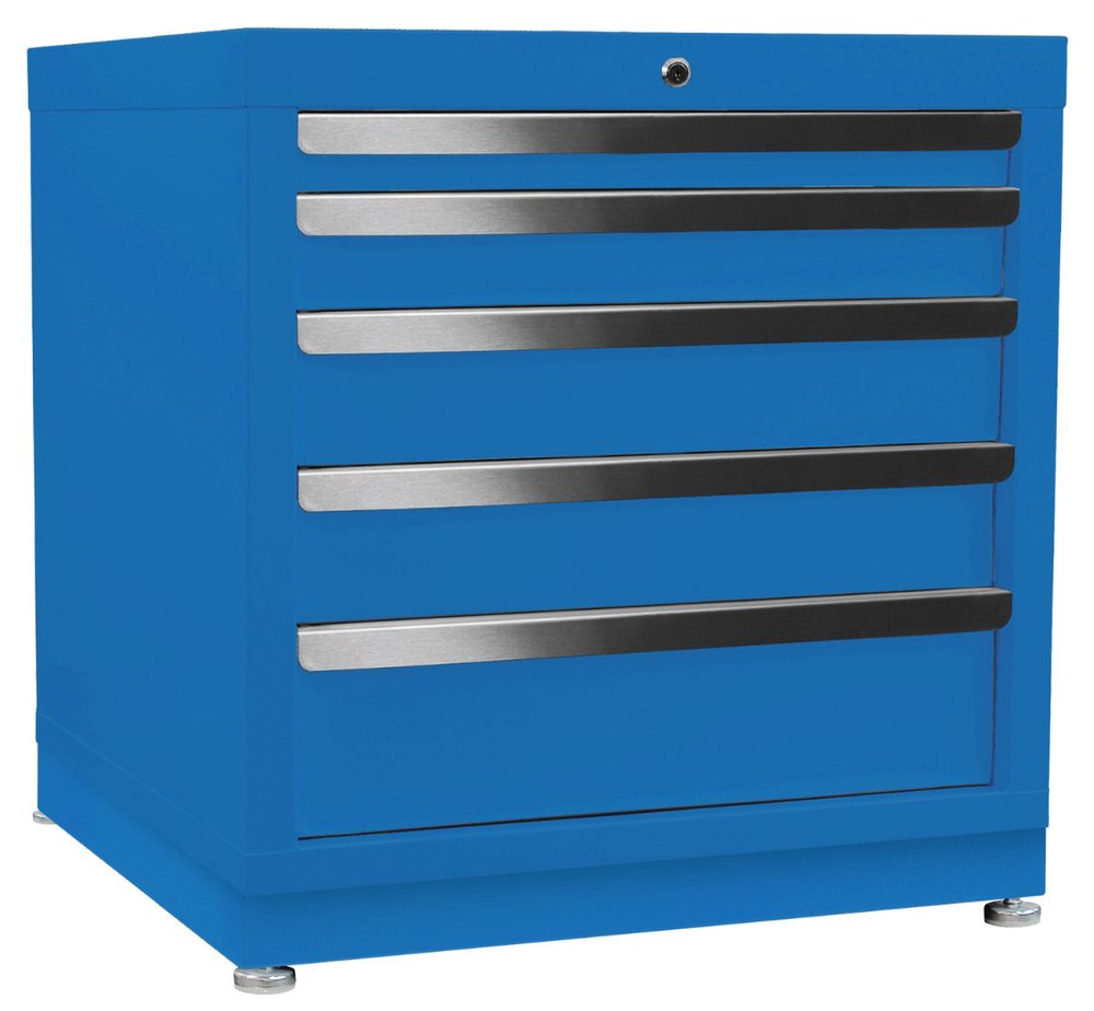 Blue five-drawer steel cabinet with stainless handles and leveling feet