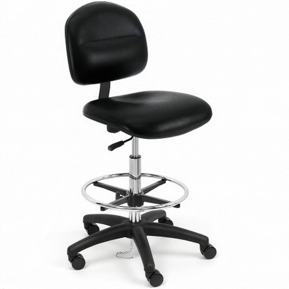 Deluxe ESD chair in black vinyl with chrome footring and casters