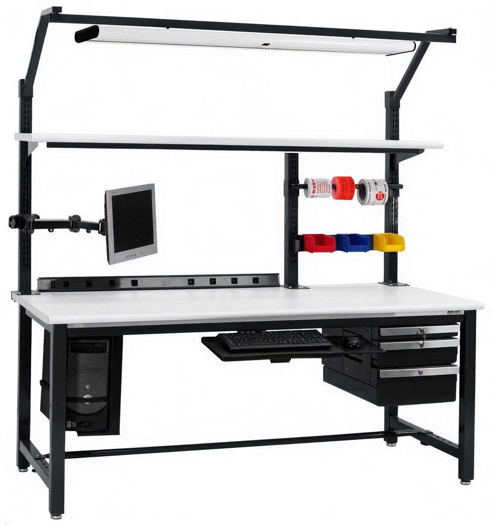 Fully loaded BenchPro workbench in blue with riser, overhead light, monitor arm, bins, power strip and drawers